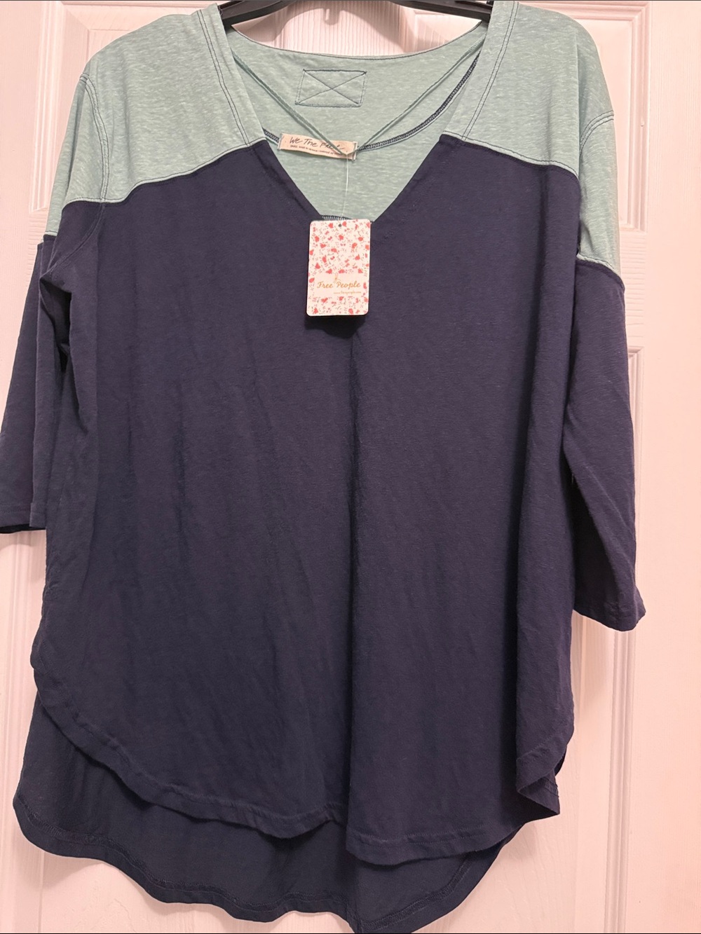 Pretty We The Free Navy and Mint V-Neck Colorblock 3/4 length sleeves Top